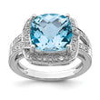 Sterling Silver Rhodium Checker-Cut Swiss Blue Topaz & Diamond Ring