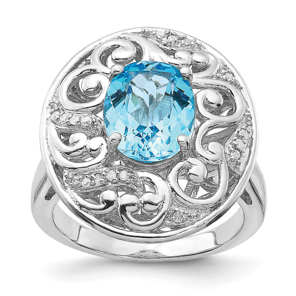 Sterling Silver Rhodium Blue Topaz and Diam. Ring - Birthstone Company