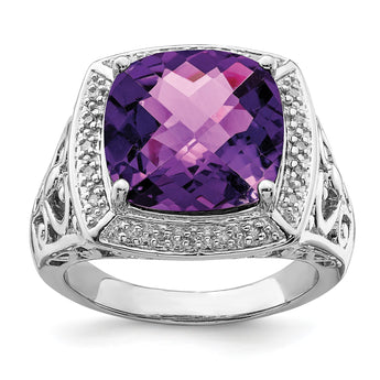 Sterling Silver Rhodium-plated Amethyst and Diamond Ring - Birthstone Company