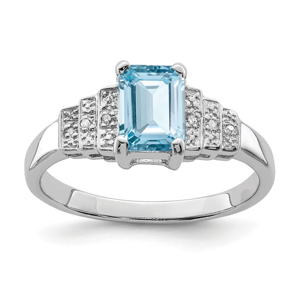 Sterling Silver Rhodium Plated Diamond & Light Swiss Blue Topaz Ring, Size 8 - Birthstone Company