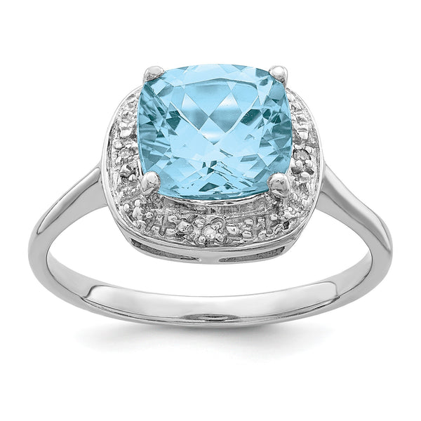 Sterling Silver Rhodium Plated Diamond & Light Swiss Blue Topaz Ring - Birthstone Company
