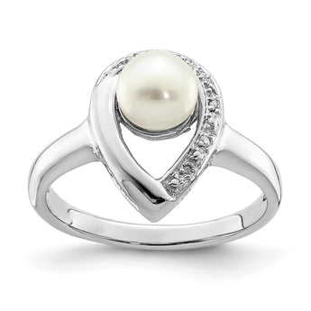 Sterling Silver Rhodium Plated Diamond and FW Cultured Pearl Ring - Birthstone Company