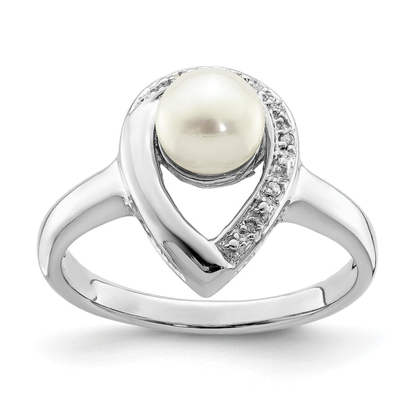 Sterling Silver Rhodium Plated Diamond and FW Cultured Pearl Ring - Birthstone Company