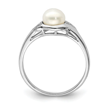 Sterling Silver Rhodium Plated Diamond and FW Cultured Pearl Ring - Birthstone Company