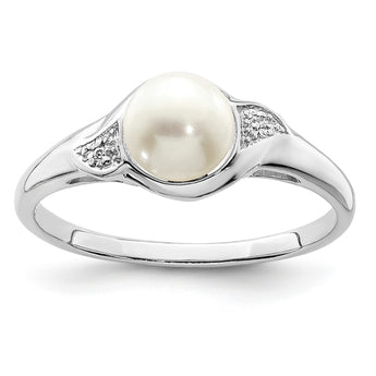 Sterling Silver Rhodium Plated Diamond and FW Cultured Pearl Ring - Birthstone Company