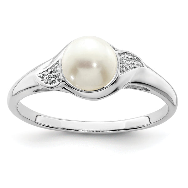 Sterling Silver Rhodium Plated Diamond and Fresh Water Cultured Pearl Ring