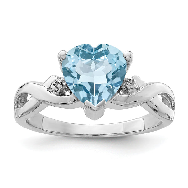Sterling Silver Rhodium Plated Diamond & Lt Swiss BT Heart Ring - Birthstone Company