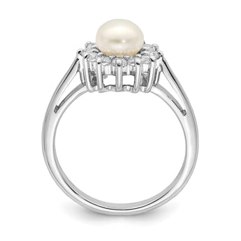 Sterling Silver Rhodium Plated CZ and FW Cultured Pearl Ring - Birthstone Company