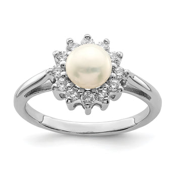 Sterling Silver Rhodium Plated CZ and FW Cultured Pearl Ring - Birthstone Company