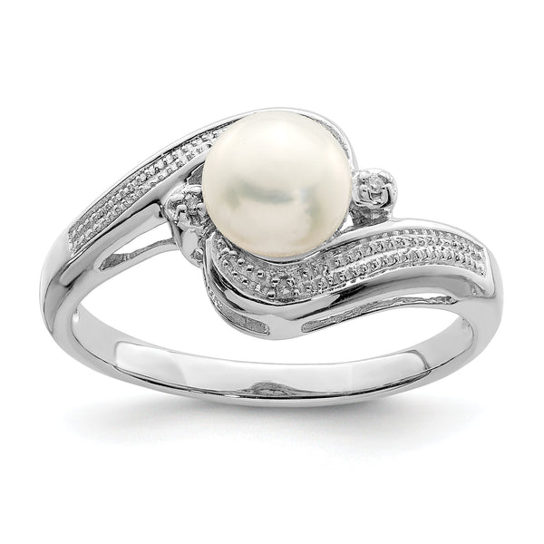 Sterling Silver Rhodium Plated Diamond and Fresh Water Cultured Pearl Ring