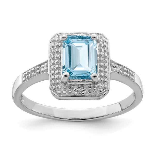 Sterling Silver Rhodium Plated Diamond & Light Swiss Blue Topaz Ring, Size 9 - Birthstone Company