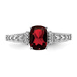 Sterling Silver Rhodium Plated Diamond and Garnet Cushion Ring
