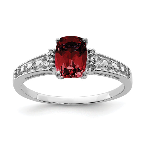 Sterling Silver Rhodium Plated Diamond and Garnet Cushion Ring, Size 9 - Birthstone Company