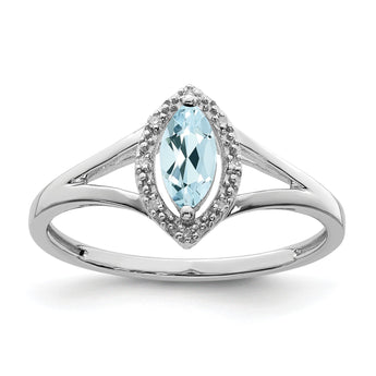 Sterling Silver Rhodium Plated Diamond & Aquamarine Marquise Ring - Birthstone Company