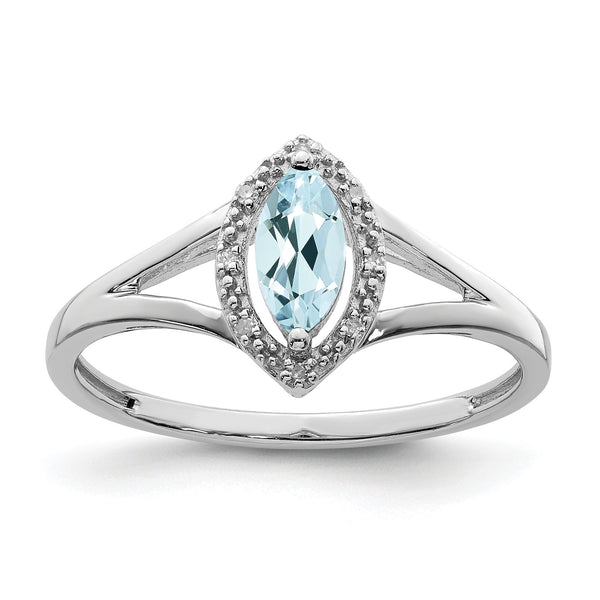 Sterling Silver Rhodium Plated Diamond & Aquamarine Marquise Ring - Birthstone Company