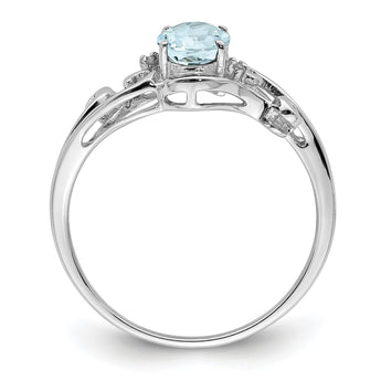 Sterling Silver Rhodium Plated Diamond & Aquamarine Oval Ring - Birthstone Company