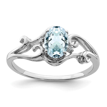 Sterling Silver Rhodium Plated Diamond & Aquamarine Oval Ring - Birthstone Company
