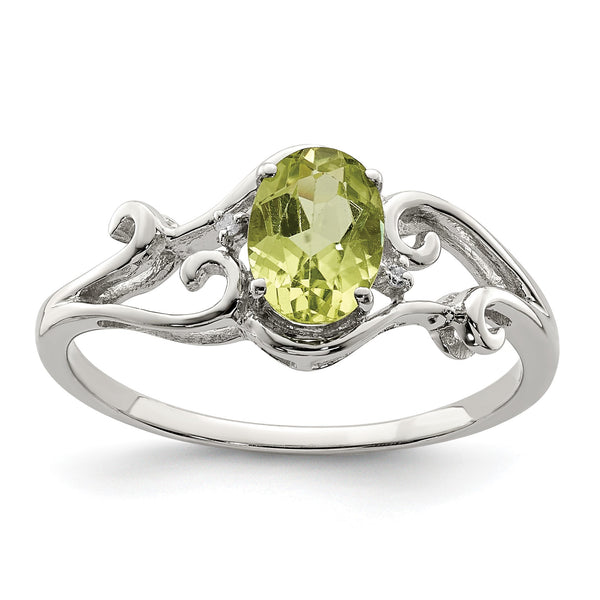 Sterling Silver Rhodium Plated Diamond and Peridot Oval Ring - Birthstone Company