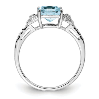 Sterling Silver Rhodium Plated Diamond and Aquamarine Ring