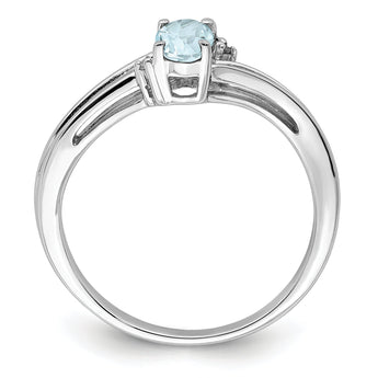 Sterling Silver Rhodium Plated Diamond & Aquamarine Oval Ring
