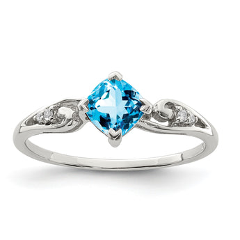 Sterling Silver Rhodium Plated Diamond and Sky Blue Topaz Cushion Ring - Birthstone Company