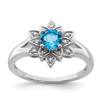 Sterling Silver Rhodium Diamond & Light Blue Topaz Ring - Birthstone Company