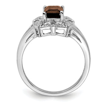 Sterling Silver Rhodium Diamond & Smoky Quartz Ring