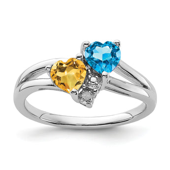 Sterling Silver Rhodium Blue Topaz & Citrine Diam. Ring - Birthstone Company