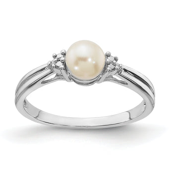 Sterling Silver Rhodium Plated Diamond and Fresh Water Cultured Pearl Ring