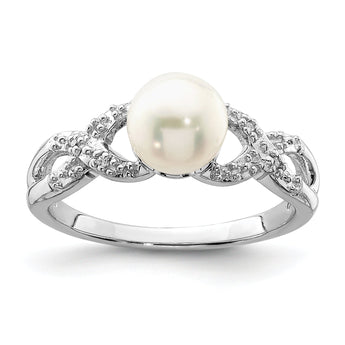 Sterling Silver Rhodium Plated Diamond and Fresh Water Cultured Pearl Ring