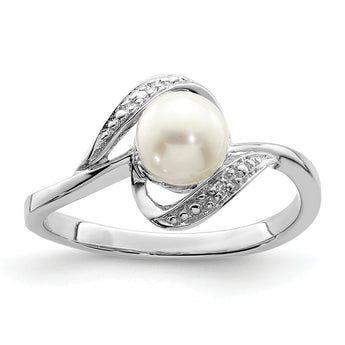 Sterling Silver Rhodium Plated Diamond and Fresh Water Cultured Pearl Ring