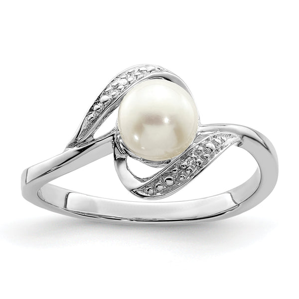 Sterling Silver Rhodium Plated Diamond and Fresh Water Cultured Pearl Ring
