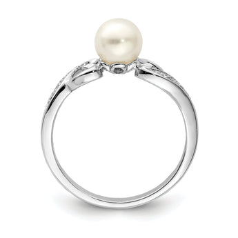 Sterling Silver Rhodium Plated Diamond and Fresh Water Cultured Pearl Ring
