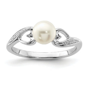 Sterling Silver Rhodium Plated Diamond and Fresh Water Cultured Pearl Ring