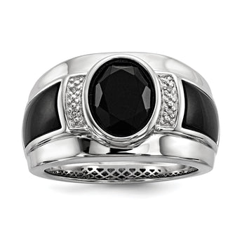 White Night Sterling Silver Rhodium-plated Diamond and Onyx Men's Ring - Birthstone Company