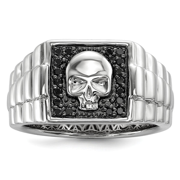 White Night Sterling Silver Rhodium-plated Black Diamond Square Skull Men's Ring - Birthstone Company