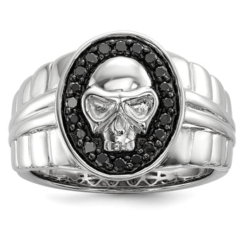 White Night Sterling Silver Rhodium-plated Black Diamond Oval Skull Men's Ring - Birthstone Company