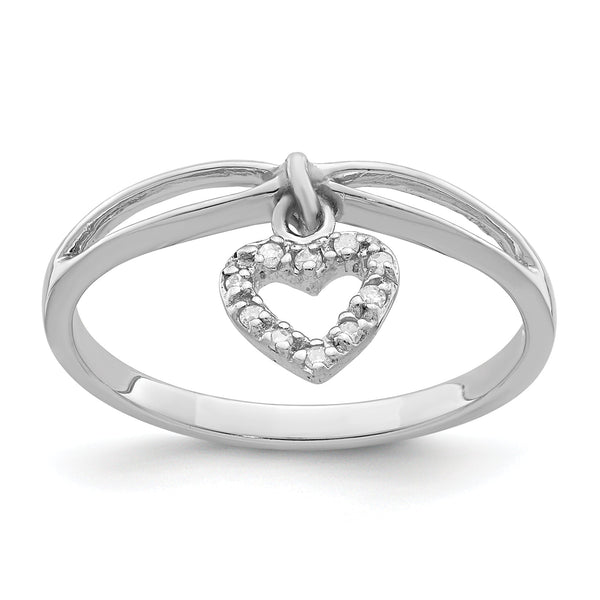 Sterling Silver Rhodium Plated Diamond Heart Dangle Ring