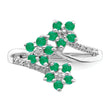 Sterling Silver Rhodium-plated 3 Flower Emerald and Diamond Ring