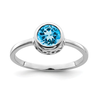 Sterling Silver Rhodium-plated Polished Blue Topaz Round Ring - Birthstone Company