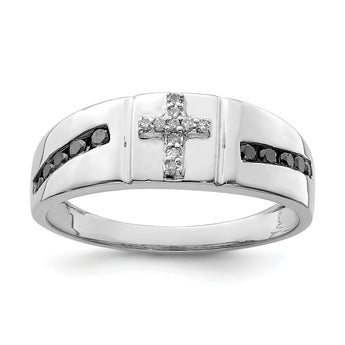Sterling Silver Rhodium Plated Black and White Diam. Cross Men's Ring - Birthstone Company