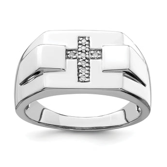 Sterling Silver Rhodium Diam. Cross Signet Ring - Birthstone Company