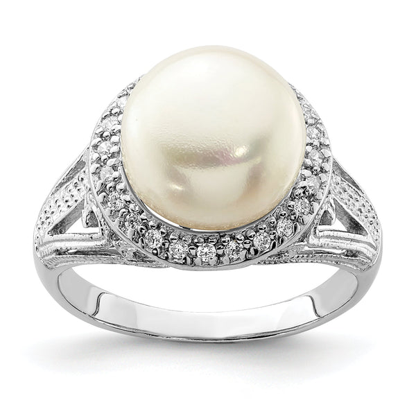 Sterling Silver Rhod-plated 10-11mm White Fresh Water Cultured Pearl and CZ Ring