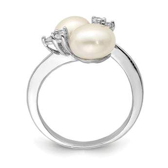 Sterling Silver Rhodium-plated 8-9mm White 2-FWC Pearl and CZ Ring