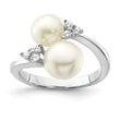 Sterling Silver Rhod-plated 8-9mm White 2-Fresh Water Cultured Pearl and CZ Ring