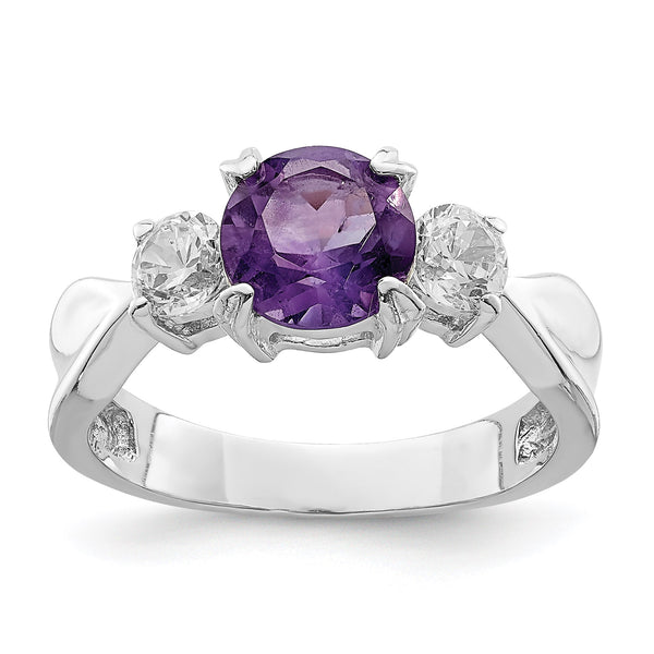 Sterling Silver Rhodium-plated Amethyst and CZ Ring, Size 7 - Birthstone Company