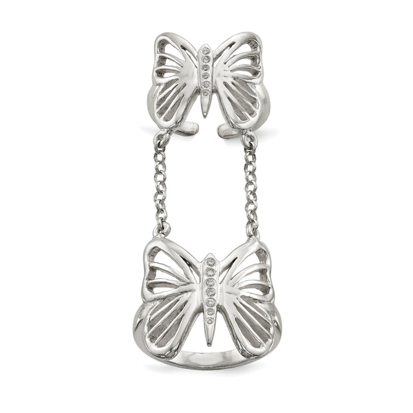 Sterling Silver Polished CZ Butterfly Double Finger Ring