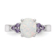 Sterling Silver Rhodium-plated Oval Created Opal WithPurple CZ Ring
