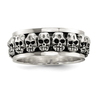 Sterling Silver Polished Spinning Center Antiqued Skull Ring - Birthstone Company