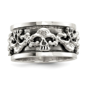 Sterling Silver Polished Spinning Center Antiqued Skull Ring - Birthstone Company